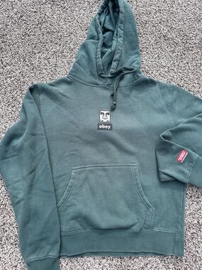 Y2K Obey Men's Teal Green Crewneck Hoodie with Small Logo